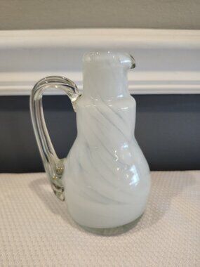Hand Blown~Art Glass~White Swirl~Opalescent~Small Pitcher~Cruet~Fort Smith, AR
